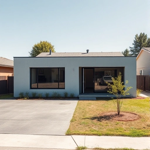 A modern single-story house made of autoclaved aerated concrete (gas concrete) with a flat roof, large windows, and a small garden in front, located in a quiet suburban neighborhood under clear daylight, showing clean lines, light gray exterior walls, and a paved driveway leading to the entrance