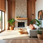 A cozy living room interior featuring natural materials such as wooden wall panels, stone fireplace, linen sofa, jute rug, and potted plants, with soft natural lighting and earthy color tones