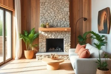A cozy living room interior featuring natural materials such as wooden wall panels, stone fireplace, linen sofa, jute rug, and potted plants, with soft natural lighting and earthy color tones