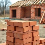 A close-up of high-quality red clay bricks arranged in a neat stack, with a background of a rustic cottage construction site, showing a partially built cottage wall in the distance, soft natural lighting, no people, no animals, no text or digits.