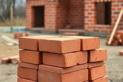 A close-up of high-quality red clay bricks arranged in a neat stack, with a background of a rustic cottage construction site, showing a partially built cottage wall in the distance, soft natural lighting, no people, no animals, no text or digits.