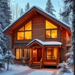 A modern wooden house made of timber, built turnkey, with a cozy and warm appearance, surrounded by a snowy forest landscape, large windows showing soft interior lighting, natural wood texture visible, steep roof with snow, inviting entrance with a small porch, warm golden hour lighting, high detail, realistic rendering