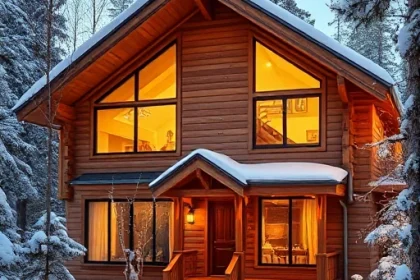 A modern wooden house made of timber, built turnkey, with a cozy and warm appearance, surrounded by a snowy forest landscape, large windows showing soft interior lighting, natural wood texture visible, steep roof with snow, inviting entrance with a small porch, warm golden hour lighting, high detail, realistic rendering