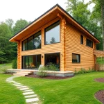 A modern log house with a sleek design, featuring large windows, a sloped roof, and natural wood textures. The house is set in a lush green landscape with a small garden and a stone pathway. The scene is captured from a slightly elevated angle, showcasing the house's architectural details and the surrounding nature.