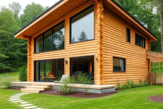 A modern log house with a sleek design, featuring large windows, a sloped roof, and natural wood textures. The house is set in a lush green landscape with a small garden and a stone pathway. The scene is captured from a slightly elevated angle, showcasing the house's architectural details and the surrounding nature.