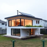 A sleek, contemporary single-family house constructed from SIP panels, featuring a flat roof with solar panels, large glass windows, a green roof with vegetation, and a minimalist, energy-efficient design. The setting is a calm suburban landscape with a small garden and a subtle, natural lighting that highlights the building’s clean lines and sustainable features.