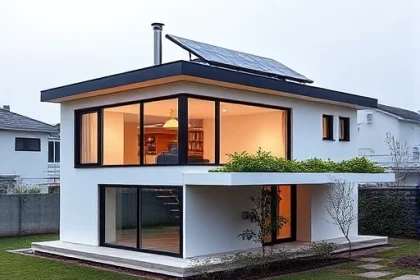 A sleek, contemporary single-family house constructed from SIP panels, featuring a flat roof with solar panels, large glass windows, a green roof with vegetation, and a minimalist, energy-efficient design. The setting is a calm suburban landscape with a small garden and a subtle, natural lighting that highlights the building’s clean lines and sustainable features.