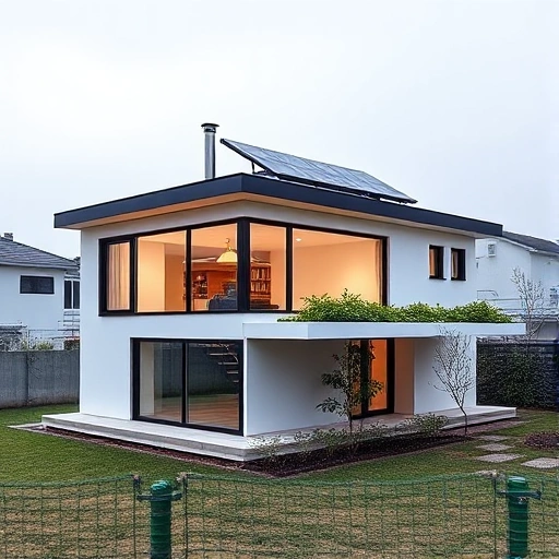 A sleek, contemporary single-family house constructed from SIP panels, featuring a flat roof with solar panels, large glass windows, a green roof with vegetation, and a minimalist, energy-efficient design. The setting is a calm suburban landscape with a small garden and a subtle, natural lighting that highlights the building’s clean lines and sustainable features.