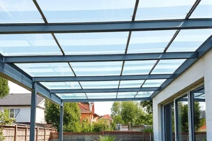 A modern terrace with a transparent polycarbonate roof, supported by sleek metal beams, allowing natural light to filter through; the terrace features minimalist outdoor furniture, potted plants, and a view of a green garden or suburban backyard under a clear sky; high detail, realistic textures, soft daylight lighting, no people visible