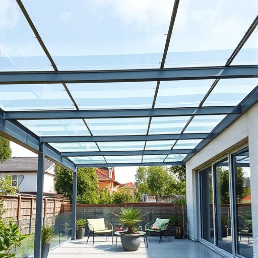 A modern terrace with a transparent polycarbonate roof, supported by sleek metal beams, allowing natural light to filter through; the terrace features minimalist outdoor furniture, potted plants, and a view of a green garden or suburban backyard under a clear sky; high detail, realistic textures, soft daylight lighting, no people visible
