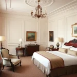 A classic style guest room interior with elegant furnishings, ornate moldings, a comfortable bed with crisp linens, a vintage armchair, a small writing desk, and decorative elements like a chandelier and framed artwork, soft natural lighting