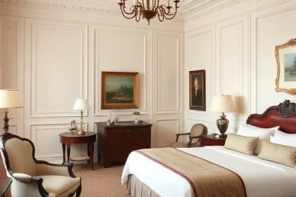 A classic style guest room interior with elegant furnishings, ornate moldings, a comfortable bed with crisp linens, a vintage armchair, a small writing desk, and decorative elements like a chandelier and framed artwork, soft natural lighting