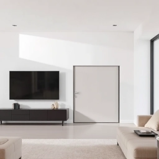 A sleek, modern living room with a hidden door seamlessly integrated into a wall, revealing a small, cozy storage space behind it. The scene showcases the door's smooth sliding mechanism, minimalist design, and the contrast between the open living area and the concealed compartment. Emphasize natural lighting, clean lines, and the sense of hidden functionality.