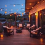 A well-decorated terrace with decorative lighting, featuring wooden decking, comfortable outdoor furniture, and ambient lighting fixtures like string lights and lanterns, creating a cozy evening atmosphere with warm glow and subtle shadows