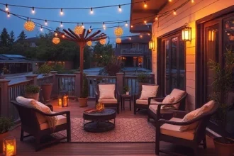 A well-decorated terrace with decorative lighting, featuring wooden decking, comfortable outdoor furniture, and ambient lighting fixtures like string lights and lanterns, creating a cozy evening atmosphere with warm glow and subtle shadows