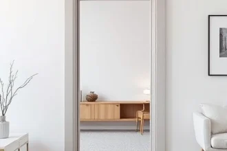 A modern interior door frame made of aluminum profile, showing clean lines, smooth metallic finish, and seamless integration into a contemporary room with light-colored walls and minimalist furniture, emphasizing durability and sleek design