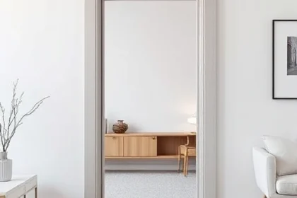 A modern interior door frame made of aluminum profile, showing clean lines, smooth metallic finish, and seamless integration into a contemporary room with light-colored walls and minimalist furniture, emphasizing durability and sleek design