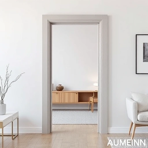 A modern interior door frame made of aluminum profile, showing clean lines, smooth metallic finish, and seamless integration into a contemporary room with light-colored walls and minimalist furniture, emphasizing durability and sleek design