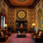 A serene interior space showcasing unique Tibetan style, featuring intricate mandala patterns on walls, richly colored textiles with traditional Tibetan motifs, wooden furniture with carved details, and a central altar with Buddhist statues and prayer wheels. Soft, warm lighting enhances the cozy and spiritual atmosphere.