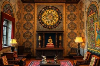 A serene interior space showcasing unique Tibetan style, featuring intricate mandala patterns on walls, richly colored textiles with traditional Tibetan motifs, wooden furniture with carved details, and a central altar with Buddhist statues and prayer wheels. Soft, warm lighting enhances the cozy and spiritual atmosphere.