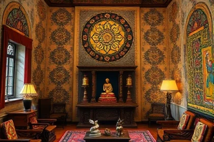 A serene interior space showcasing unique Tibetan style, featuring intricate mandala patterns on walls, richly colored textiles with traditional Tibetan motifs, wooden furniture with carved details, and a central altar with Buddhist statues and prayer wheels. Soft, warm lighting enhances the cozy and spiritual atmosphere.