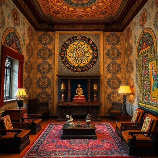 A serene interior space showcasing unique Tibetan style, featuring intricate mandala patterns on walls, richly colored textiles with traditional Tibetan motifs, wooden furniture with carved details, and a central altar with Buddhist statues and prayer wheels. Soft, warm lighting enhances the cozy and spiritual atmosphere.
