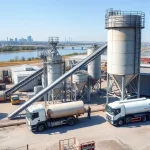 A modern concrete production facility in Volgograd and Volzhsky, showing automated mixing plants, conveyor belts, silos, and trucks loading fresh concrete under clear daylight, with industrial architecture and subtle river views in the background, realistic detail, high quality
