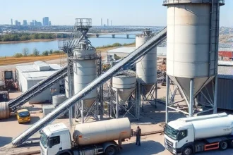 A modern concrete production facility in Volgograd and Volzhsky, showing automated mixing plants, conveyor belts, silos, and trucks loading fresh concrete under clear daylight, with industrial architecture and subtle river views in the background, realistic detail, high quality
