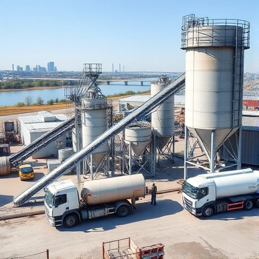 A modern concrete production facility in Volgograd and Volzhsky, showing automated mixing plants, conveyor belts, silos, and trucks loading fresh concrete under clear daylight, with industrial architecture and subtle river views in the background, realistic detail, high quality